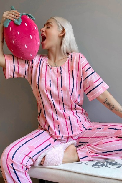 Somon Lined Heart Baskılı Kısa Kollu Kadın Pijama Takımı - 1