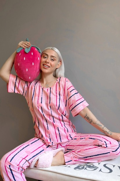 Somon Lined Heart Baskılı Kısa Kollu Kadın Pijama Takımı - 2