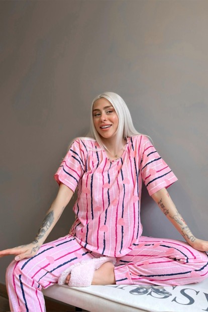 Somon Lined Heart Baskılı Kısa Kollu Kadın Pijama Takımı - 3