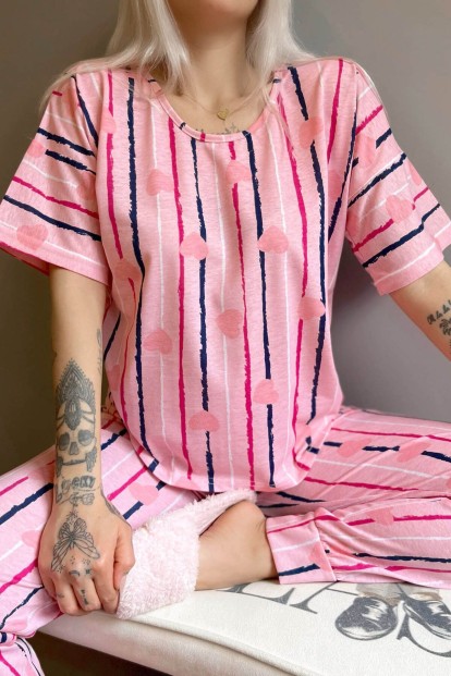 Somon Lined Heart Baskılı Kısa Kollu Kadın Pijama Takımı - 4