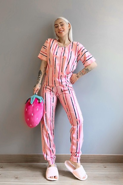 Somon Lined Heart Baskılı Kısa Kollu Kadın Pijama Takımı - 5