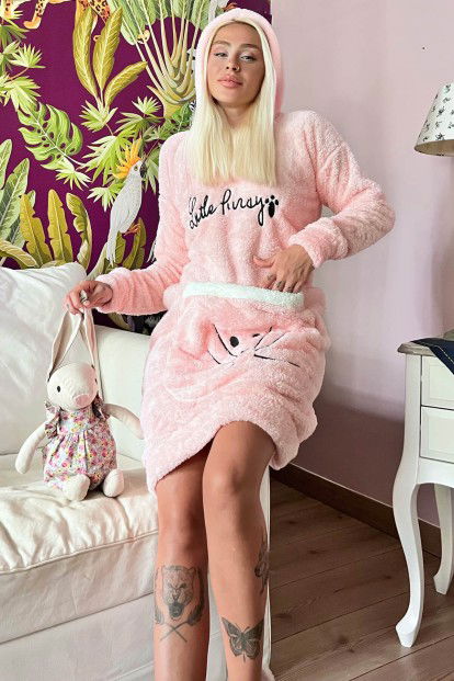 Somon Little Desenli Kapşonlu Tam Peluş Tunik Panço Pijama - 1