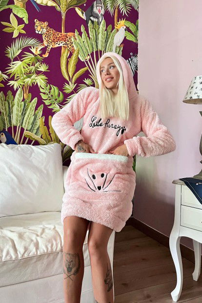 Somon Little Desenli Kapşonlu Tam Peluş Tunik Panço Pijama - 3