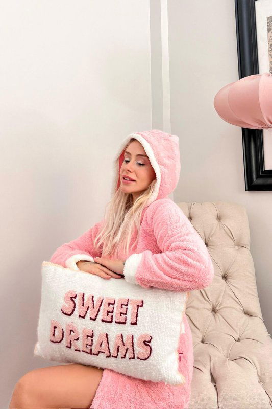 Somon Love Desenli Kapşonlu Peluş Kadın Sabahlık - Pijamaevi (3)