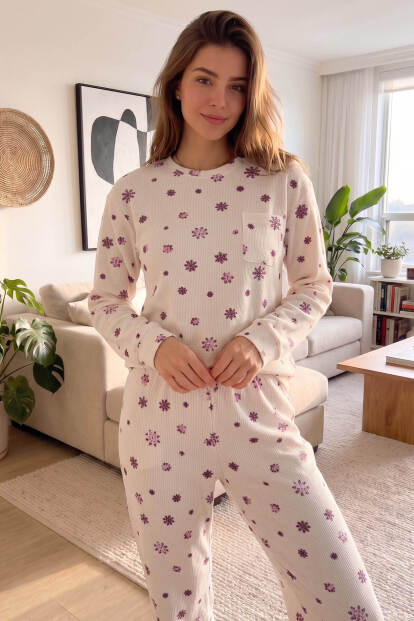 Somon Lumehelves Desenli Waffle Soft Uzun Kollu Kadın Pijama Takım - 7
