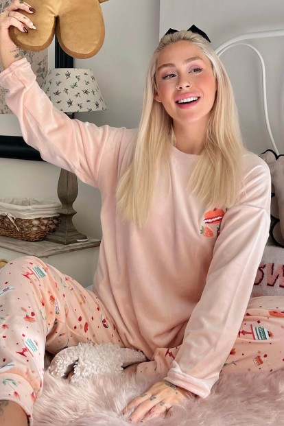 Somon Macaron Desenli Exclusive Kadife Kadın Pijama Takımı  - 1