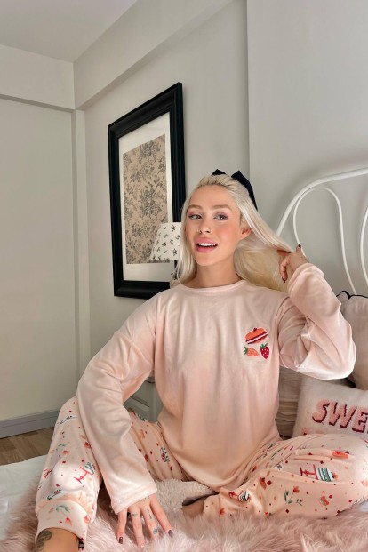 Somon Macaron Desenli Exclusive Kadife Kadın Pijama Takımı  - 3