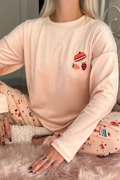 Somon Macaron Desenli Exclusive Kadife Kadın Pijama Takımı  - 4