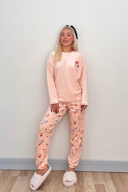 Somon Macaron Desenli Exclusive Kadife Kadın Pijama Takımı  - 5
