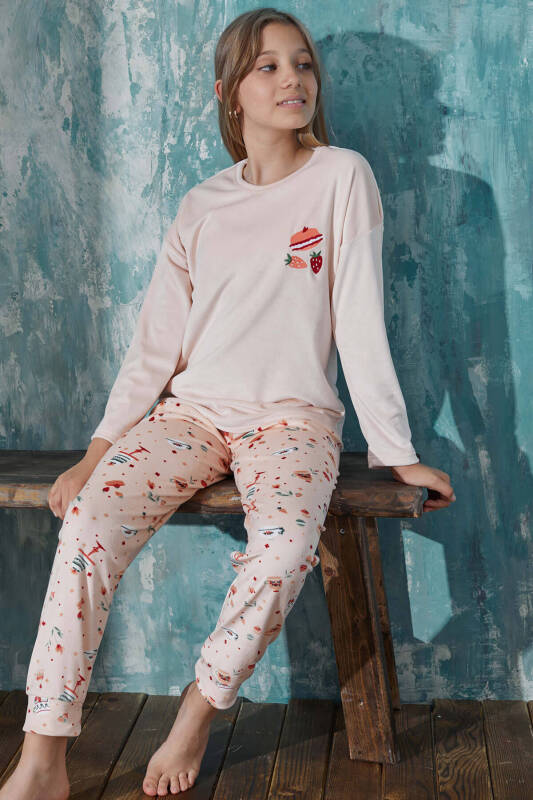 Somon Macoron Desenli Exclusive Kadife Kız Çocuk Pijama Takımı  - Pijamaevi