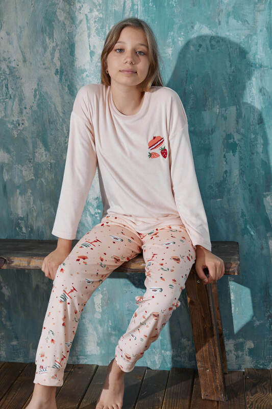 Somon Macoron Desenli Exclusive Kadife Kız Çocuk Pijama Takımı  - Pijamaevi (1)