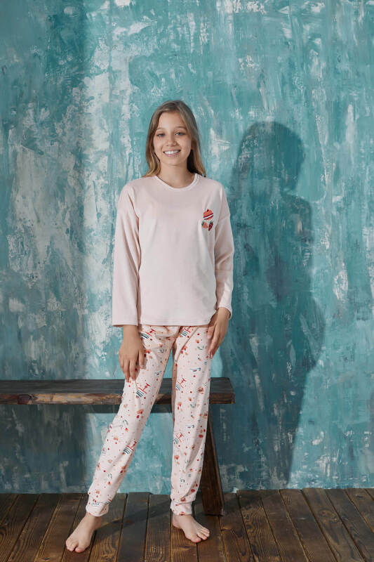 Somon Macoron Desenli Exclusive Kadife Kız Çocuk Pijama Takımı  - Pijamaevi (2)