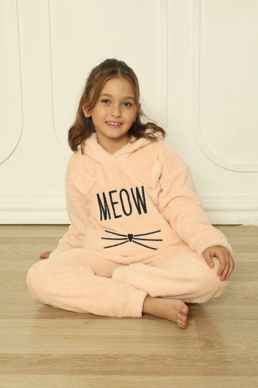 Somon Meow Desenli Tam Peluş Kız Çocuk Pijama Takımı - Pijamaevi (1)