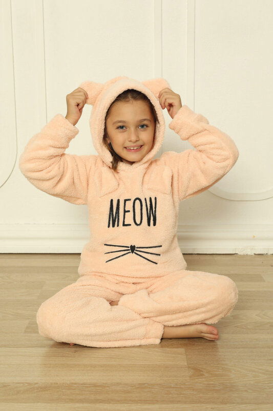 Somon Meow Desenli Tam Peluş Kız Çocuk Pijama Takımı - Pijamaevi (2)