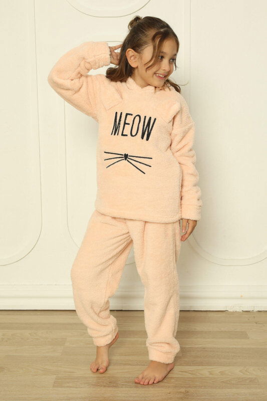 Somon Meow Desenli Tam Peluş Kız Çocuk Pijama Takımı - Pijamaevi (3)