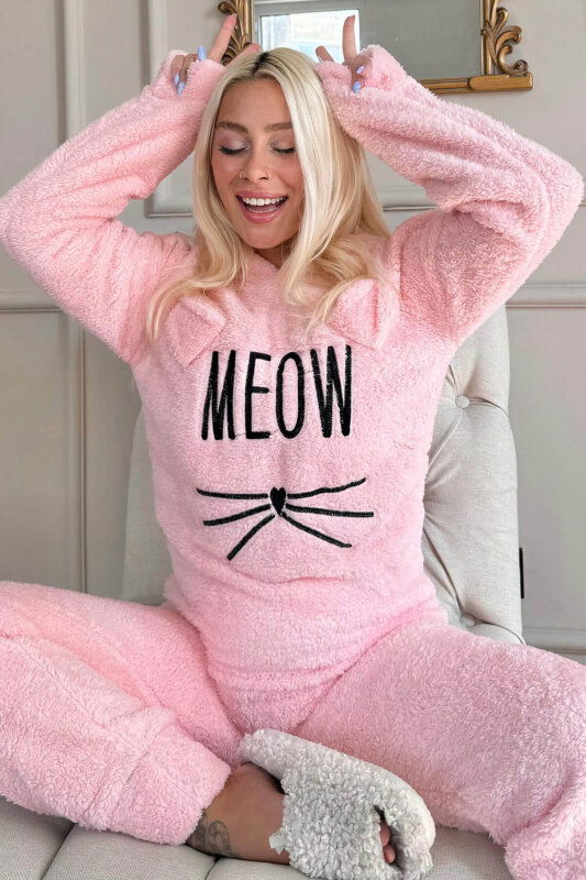 Somon Meow Desenli Tam Peluş Pijama Takımı - Pijamaevi