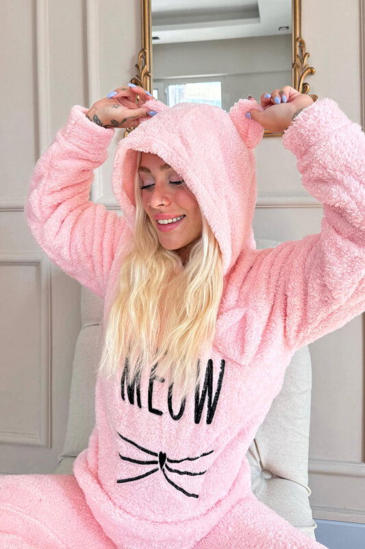 Somon Meow Desenli Tam Peluş Pijama Takımı - Pijamaevi (1)