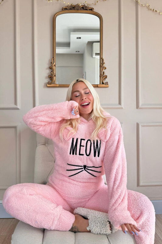 Somon Meow Desenli Tam Peluş Pijama Takımı - Pijamaevi (2)