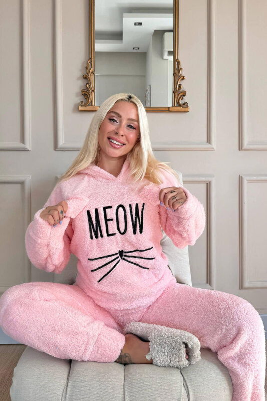 Somon Meow Desenli Tam Peluş Pijama Takımı - Pijamaevi (3)