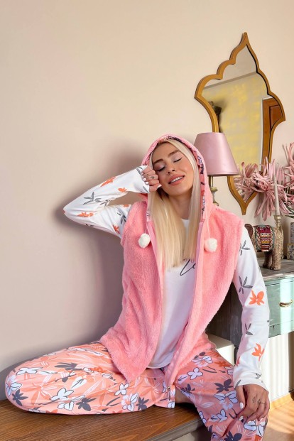 Somon Mode Desenli Peluş Yelekli Kadın Pijama Takımı - 2