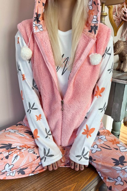 Somon Mode Desenli Peluş Yelekli Kadın Pijama Takımı - 4