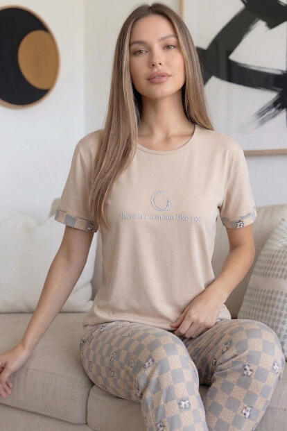 Somon Moon Desenli Bambu Kısa Kol Kadın Pijama Takımı - 1