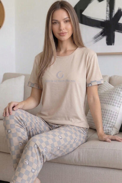 Somon Moon Desenli Bambu Kısa Kol Kadın Pijama Takımı - 3