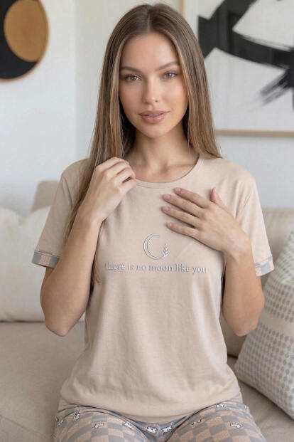 Somon Moon Desenli Bambu Kısa Kol Kadın Pijama Takımı - 4