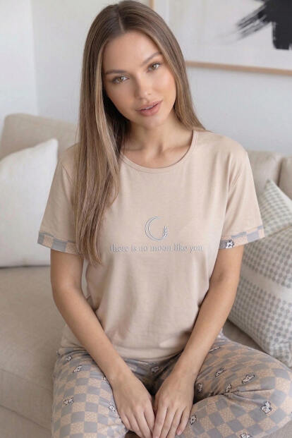 Somon Moon Desenli Bambu Kısa Kol Kadın Pijama Takımı - 5