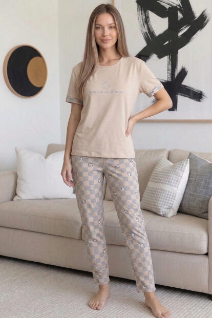 Somon Moon Desenli Bambu Kısa Kol Kadın Pijama Takımı - 6