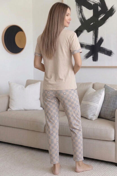 Somon Moon Desenli Bambu Kısa Kol Kadın Pijama Takımı - 7