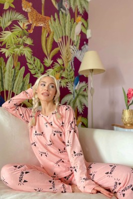 Somon Oreja Baskılı Uzun Kol Kadın Pijama Takımı - 2