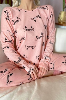 Somon Oreja Baskılı Uzun Kol Kadın Pijama Takımı - 4