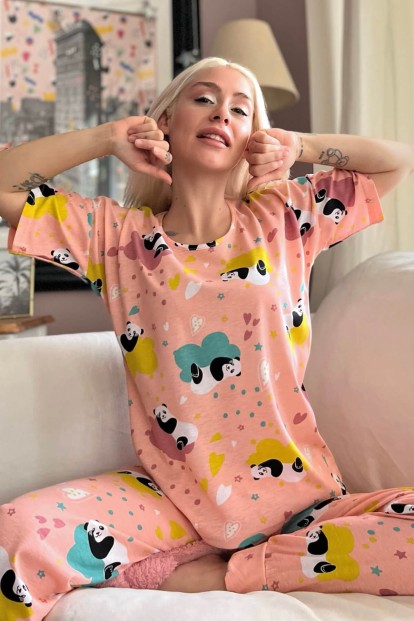 Somon Panda Baskılı Kısa Kollu Kadın Pijama Takımı - 1