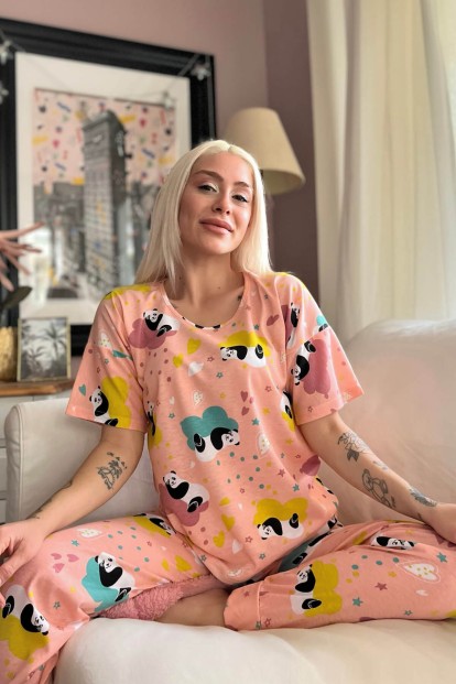 Somon Panda Baskılı Kısa Kollu Kadın Pijama Takımı - 2