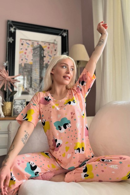 Somon Panda Baskılı Kısa Kollu Kadın Pijama Takımı - 3