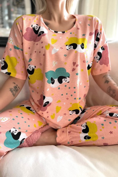 Somon Panda Baskılı Kısa Kollu Kadın Pijama Takımı - 4