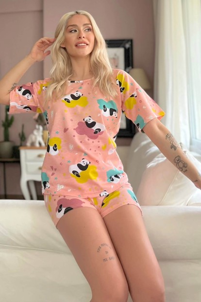 Somon Panda Baskılı Şortlu Kadın Pijama Takımı - 2