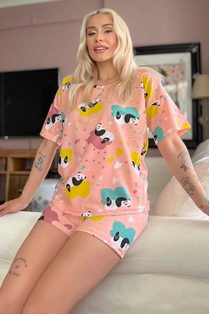 Somon Panda Baskılı Şortlu Kadın Pijama Takımı - 3