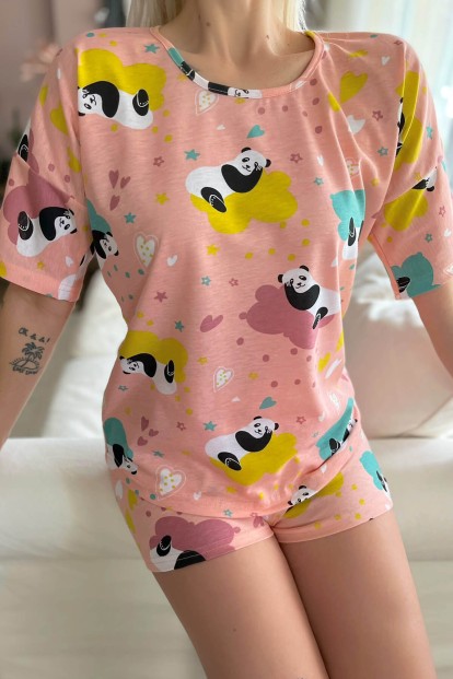 Somon Panda Baskılı Şortlu Kadın Pijama Takımı - 5