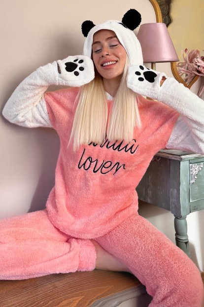 Somon Panda Lover Desenli Tam Peluş Pijama Takımı - 1