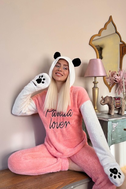 Somon Panda Lover Desenli Tam Peluş Pijama Takımı - 2
