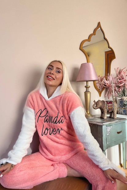 Somon Panda Lover Desenli Tam Peluş Pijama Takımı - 3