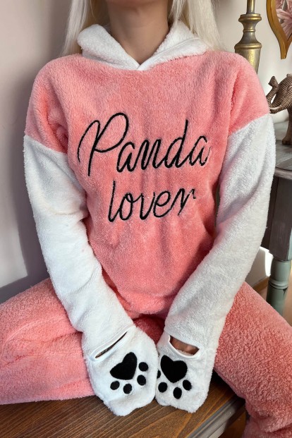 Somon Panda Lover Desenli Tam Peluş Pijama Takımı - 4
