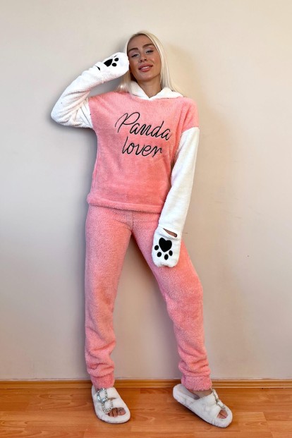 Somon Panda Lover Desenli Tam Peluş Pijama Takımı - 5