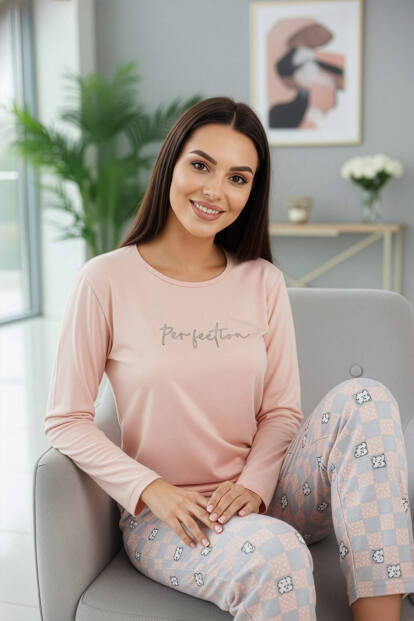 Somon Perfection Desenli Uzun Kollu Bambu Örme Kadın Pijama Takımı - 3