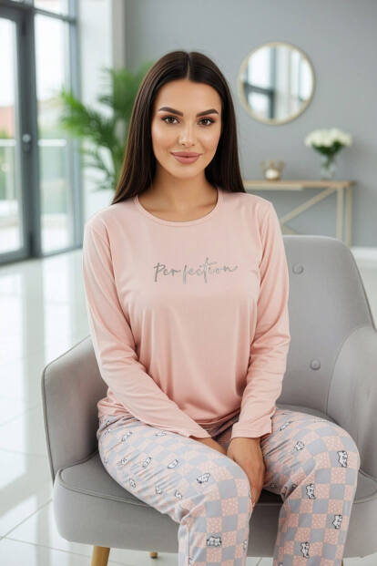 Somon Perfection Desenli Uzun Kollu Bambu Örme Kadın Pijama Takımı - 4