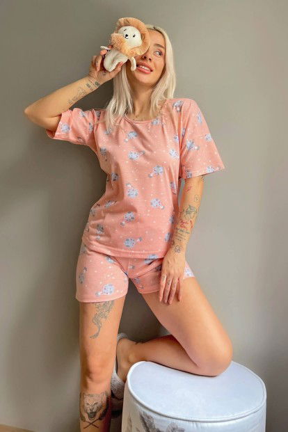 Somon Rabbit Balloon Baskılı Şortlu Kadın Pijama Takımı - 2