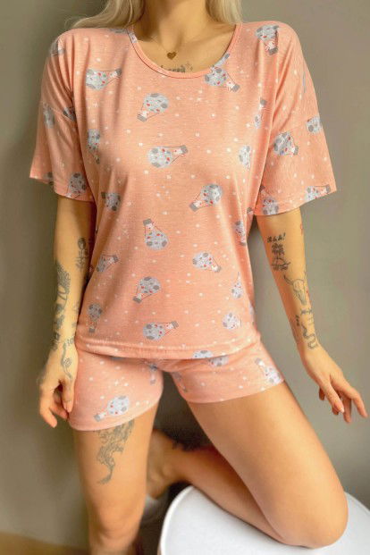 Somon Rabbit Balloon Baskılı Şortlu Kadın Pijama Takımı - 4