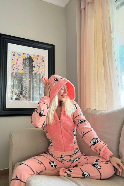 Somon Sleep Panda Desenli Kadın Polar Peluş Tulum Pijama Takımı - 2